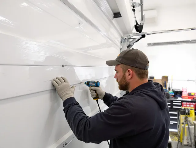 West Hollywood Garage Door Repair technician demonstrating precision dent removal techniques on a West Hollywood garage door
