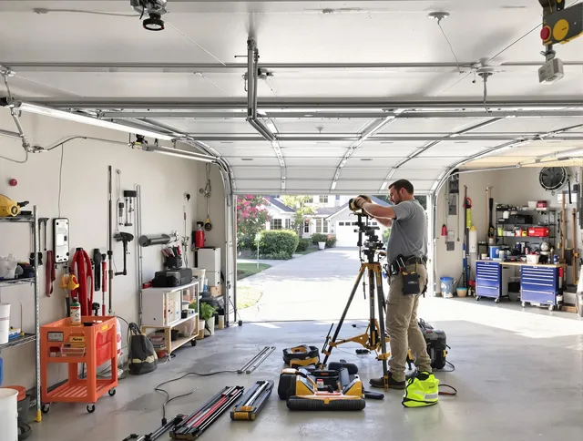 West Hollywood Garage Door Repair specialist performing laser-guided track alignment in West Hollywood